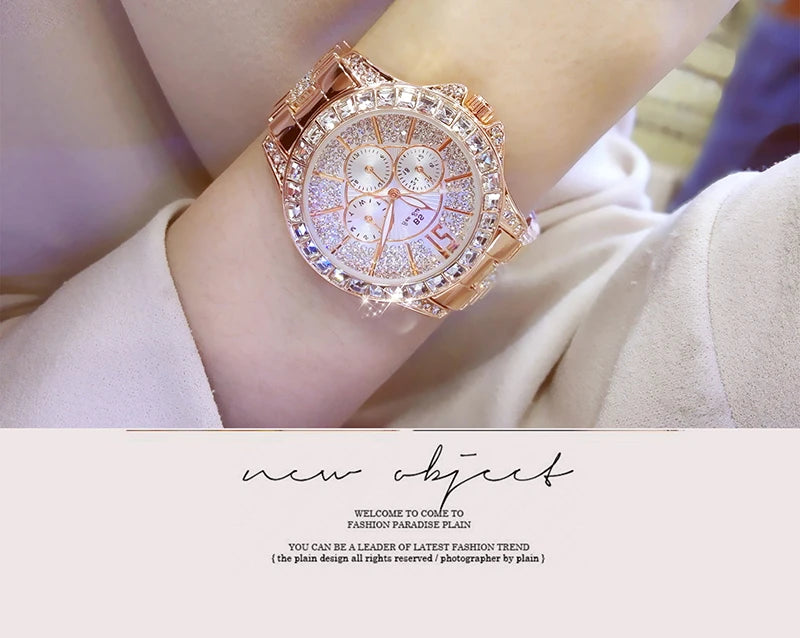 Luxury Rose Gold Women’s Watch – Diamond Quartz Crystal Wristwatch
