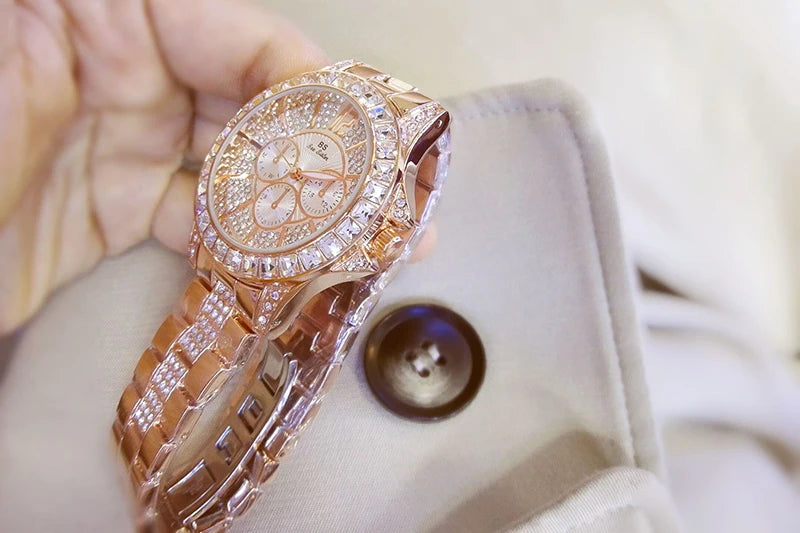 Luxury Rose Gold Women’s Watch – Diamond Quartz Crystal Wristwatch