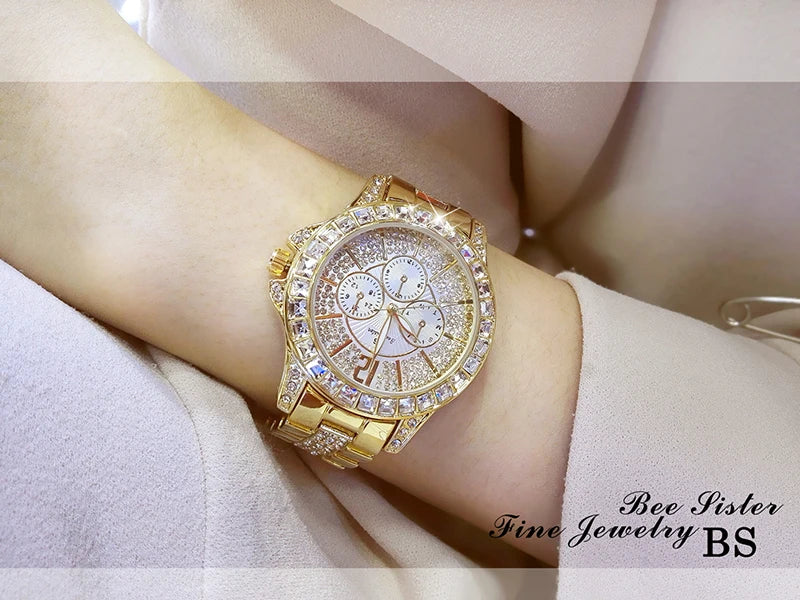 Luxury Rose Gold Women’s Watch – Diamond Quartz Crystal Wristwatch