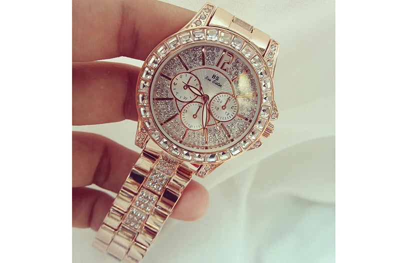 Luxury Rose Gold Women’s Watch – Diamond Quartz Crystal Wristwatch