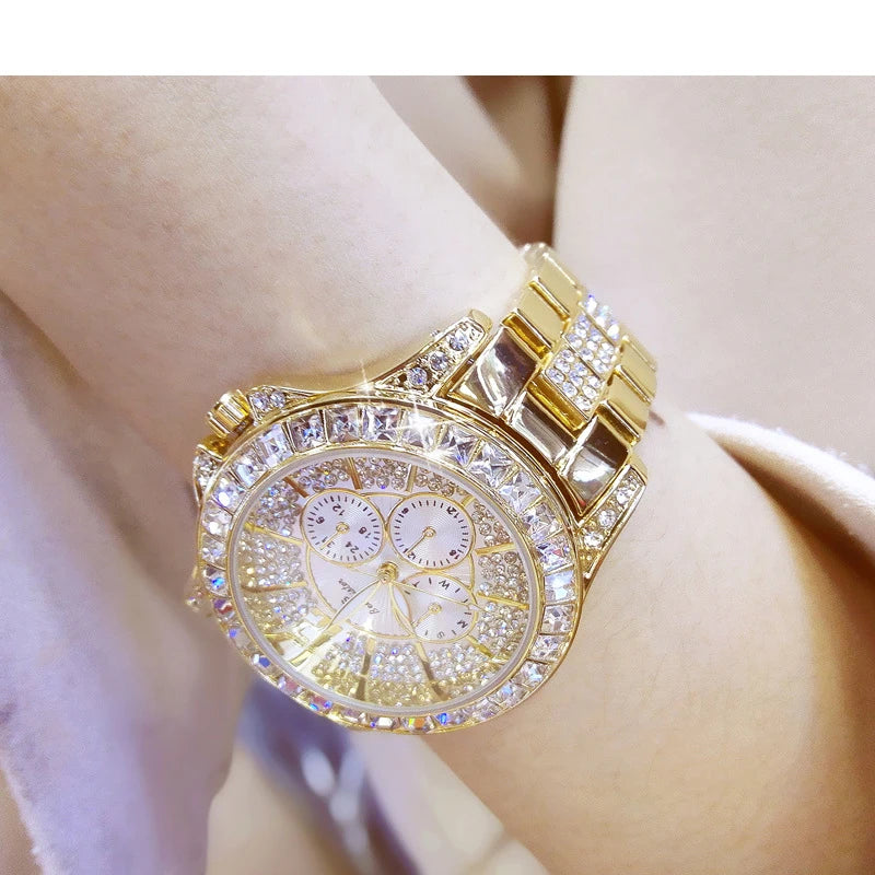 Luxury Rose Gold Women’s Watch – Diamond Quartz Crystal Wristwatch