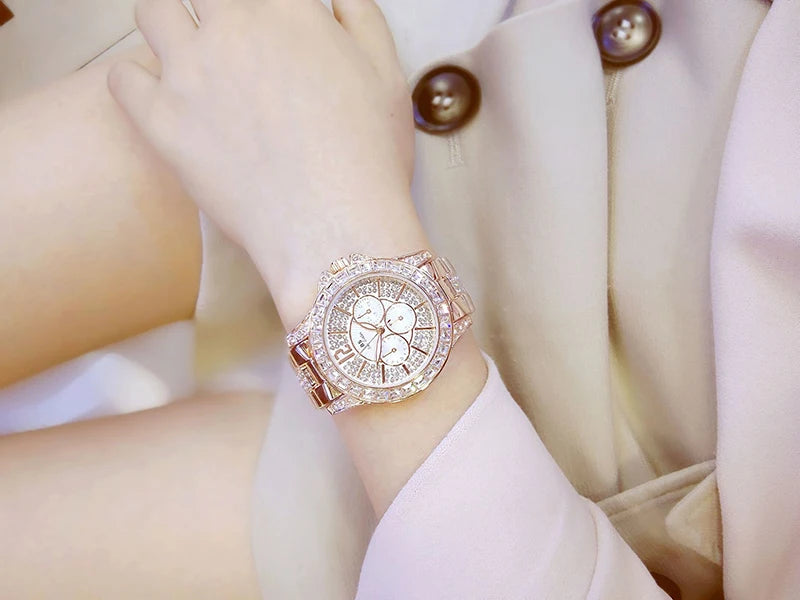 Luxury Rose Gold Women’s Watch – Diamond Quartz Crystal Wristwatch