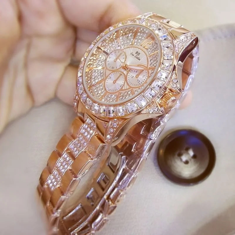 Luxury Rose Gold Women’s Watch – Diamond Quartz Crystal Wristwatch