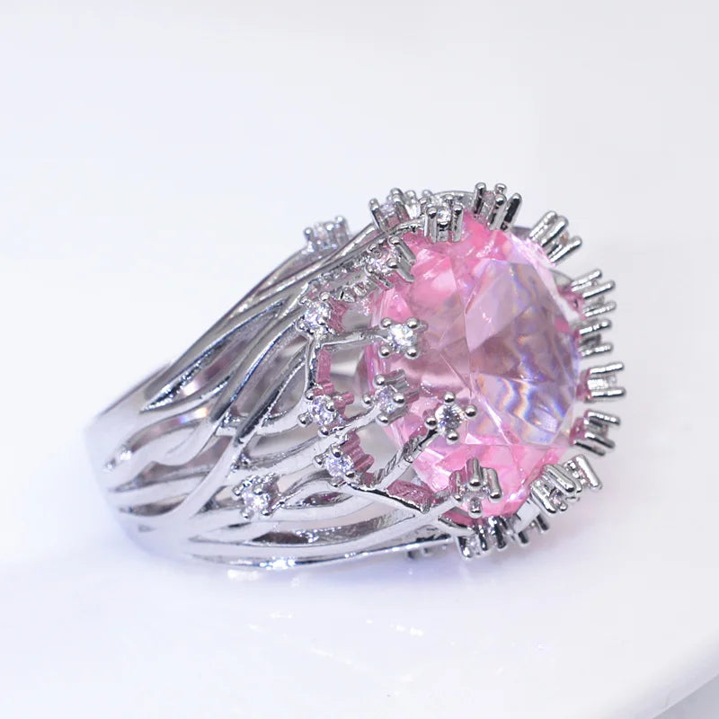 925 Sterling Silver Pink Crystal Zircon Ring – Women’s Wedding Jewelry