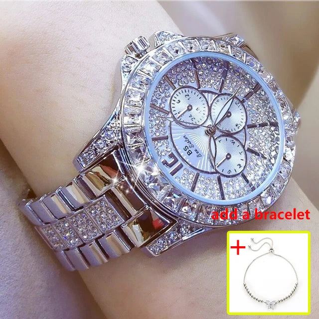 Luxury Rose Gold Women’s Watch – Diamond Quartz Crystal Wristwatch
