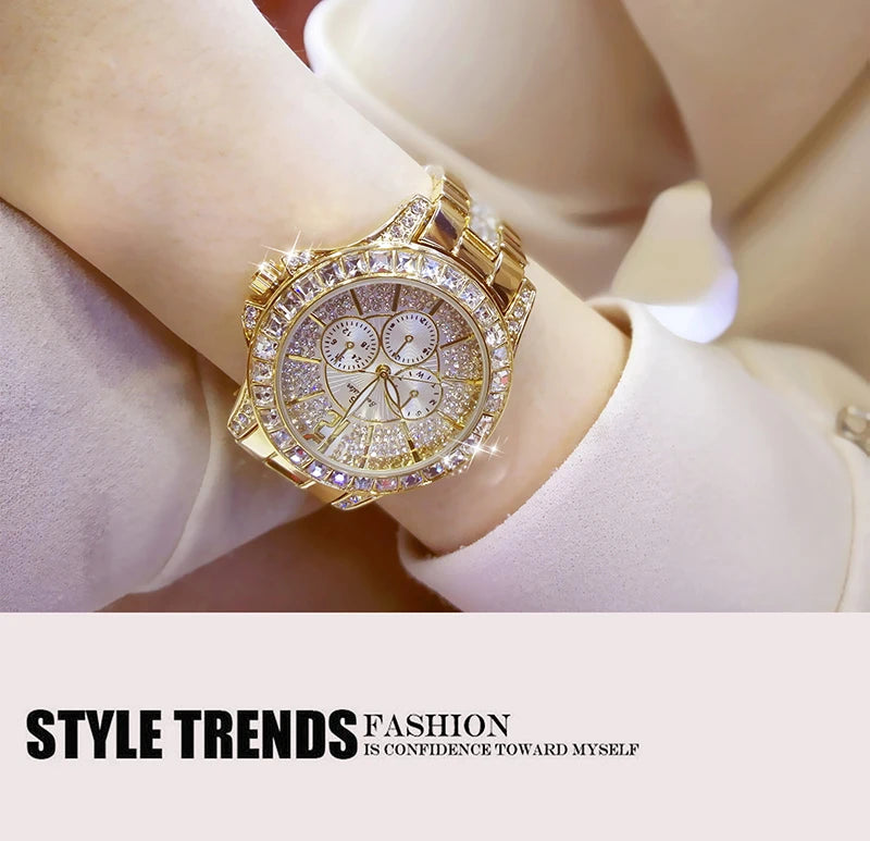 Luxury Rose Gold Women’s Watch – Diamond Quartz Crystal Wristwatch