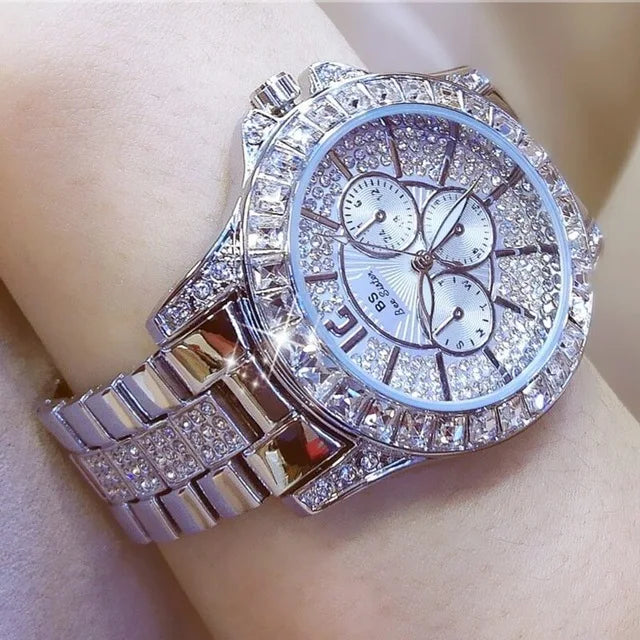 Luxury Rose Gold Women’s Watch – Diamond Quartz Crystal Wristwatch