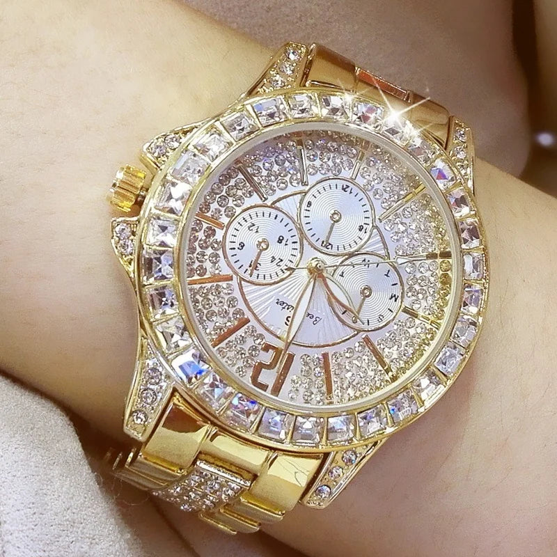 Luxury Rose Gold Women’s Watch – Diamond Quartz Crystal Wristwatch