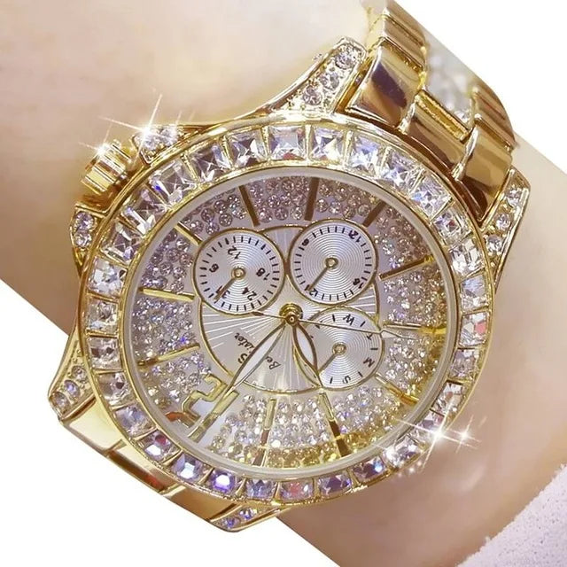 Luxury Rose Gold Women’s Watch – Diamond Quartz Crystal Wristwatch