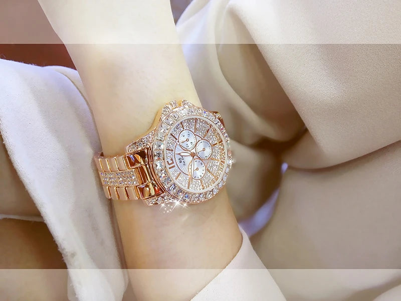 Luxury Rose Gold Women’s Watch – Diamond Quartz Crystal Wristwatch