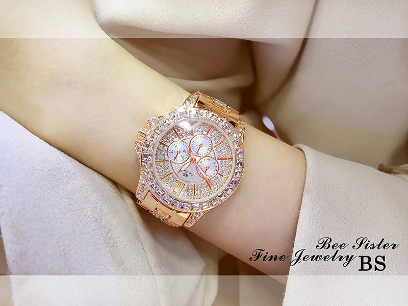 Luxury Rose Gold Women’s Watch – Diamond Quartz Crystal Wristwatch