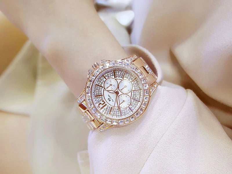 Luxury Rose Gold Women’s Watch – Diamond Quartz Crystal Wristwatch
