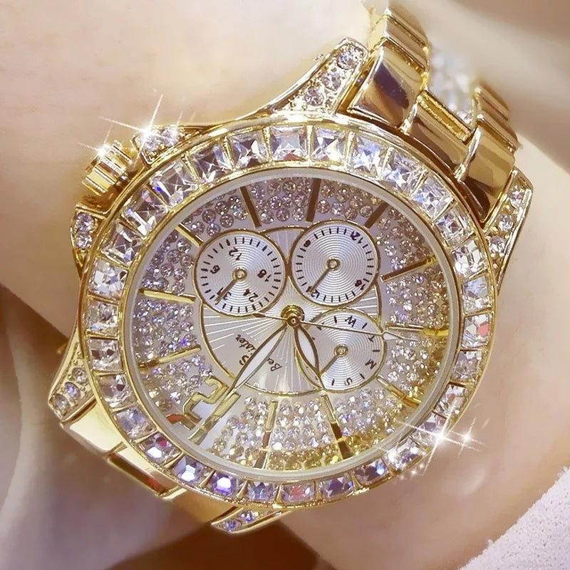 Luxury Rose Gold Women’s Watch – Diamond Quartz Crystal Wristwatch