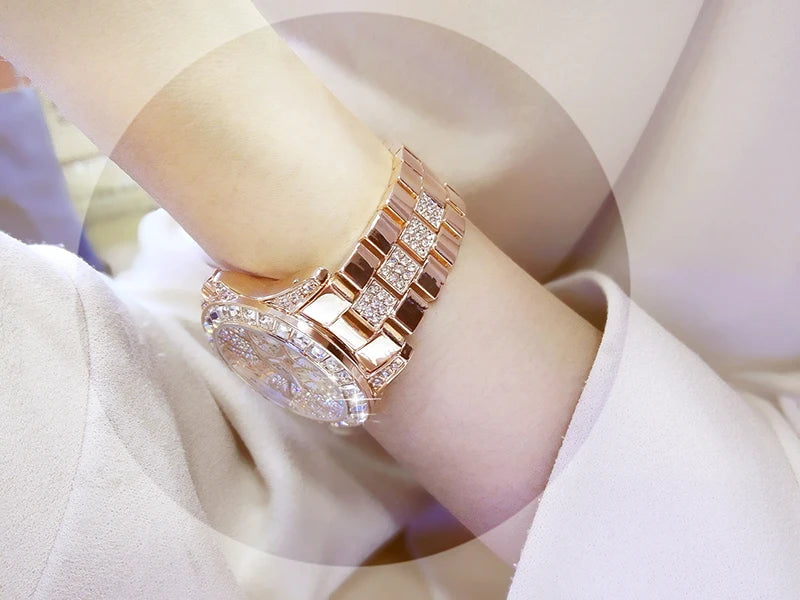 Luxury Rose Gold Women’s Watch – Diamond Quartz Crystal Wristwatch