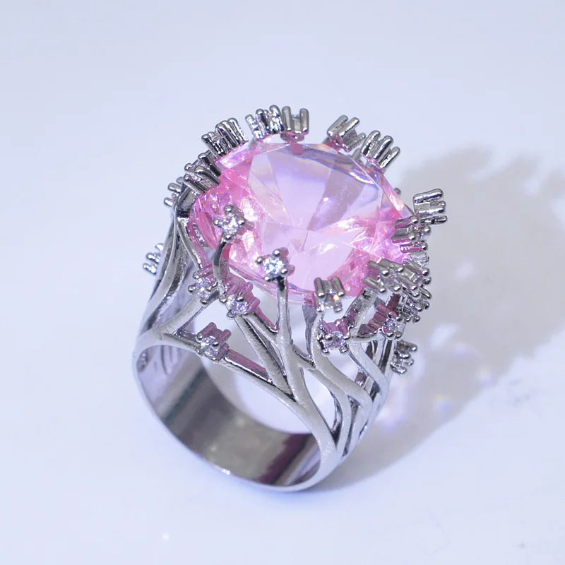 925 Sterling Silver Pink Crystal Zircon Ring – Women’s Wedding Jewelry