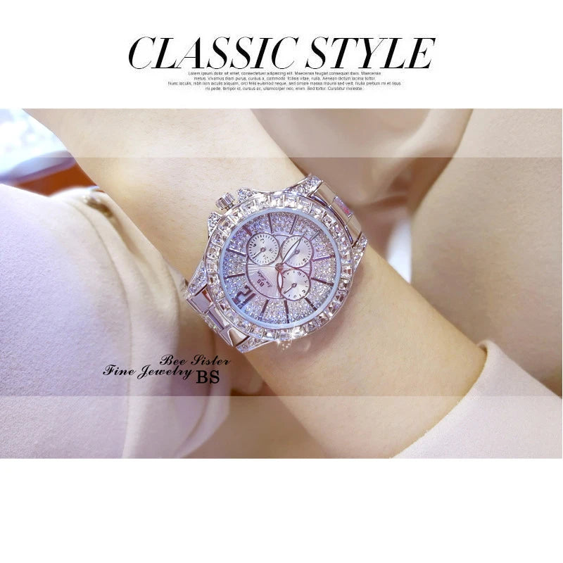 Luxury Rose Gold Women’s Watch – Diamond Quartz Crystal Wristwatch
