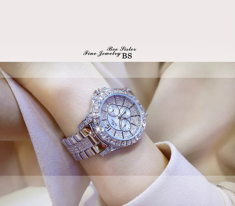 Luxury Rose Gold Women’s Watch – Diamond Quartz Crystal Wristwatch