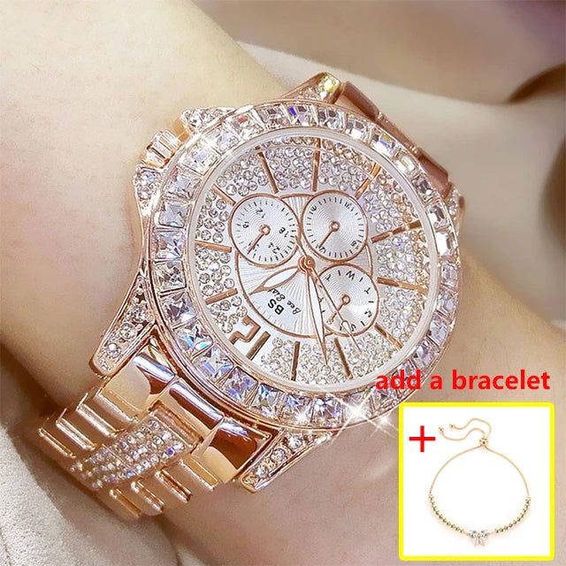 Luxury Rose Gold Women’s Watch – Diamond Quartz Crystal Wristwatch