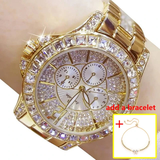 Luxury Rose Gold Women’s Watch – Diamond Quartz Crystal Wristwatch
