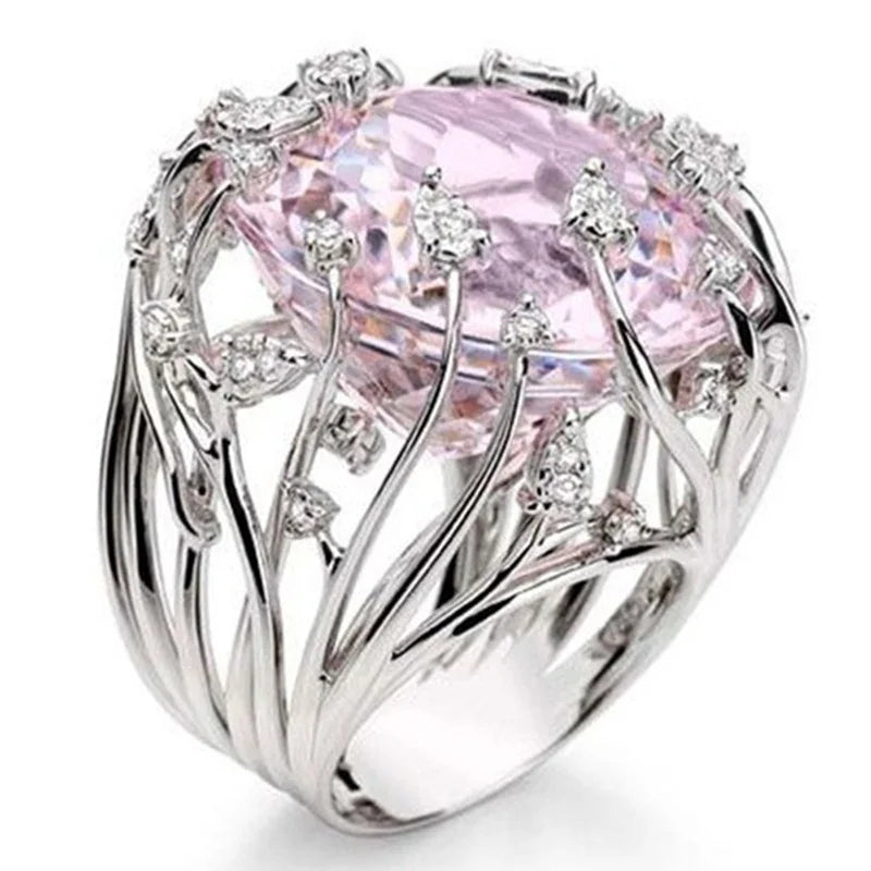 925 Sterling Silver Pink Crystal Zircon Ring – Women’s Wedding Jewelry