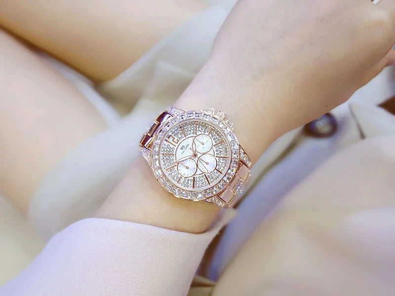 Luxury Rose Gold Women’s Watch – Diamond Quartz Crystal Wristwatch