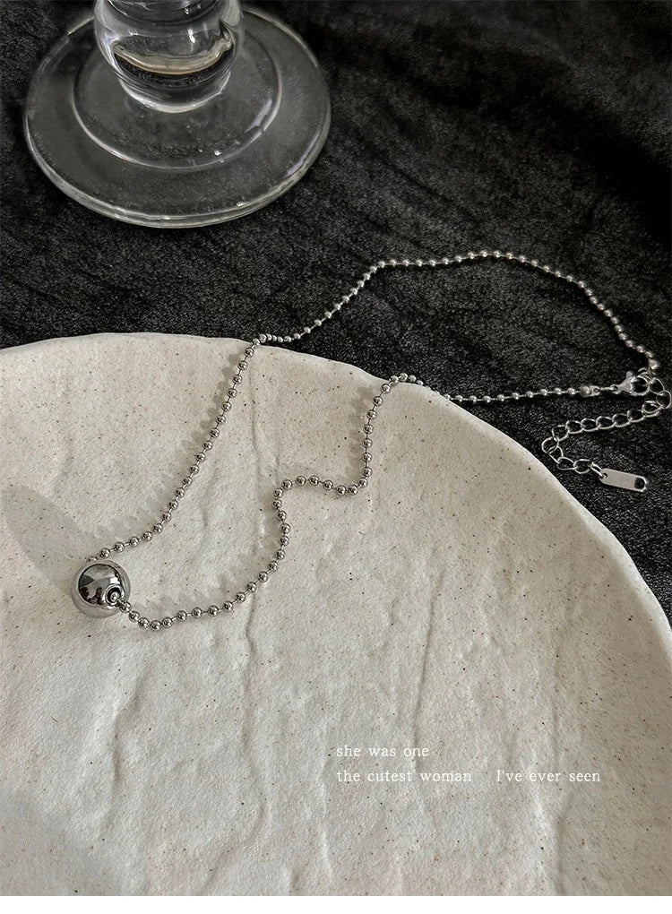 Silver Beaded Ball Pendant Necklace – Women’s Stainless Steel Layered Choker