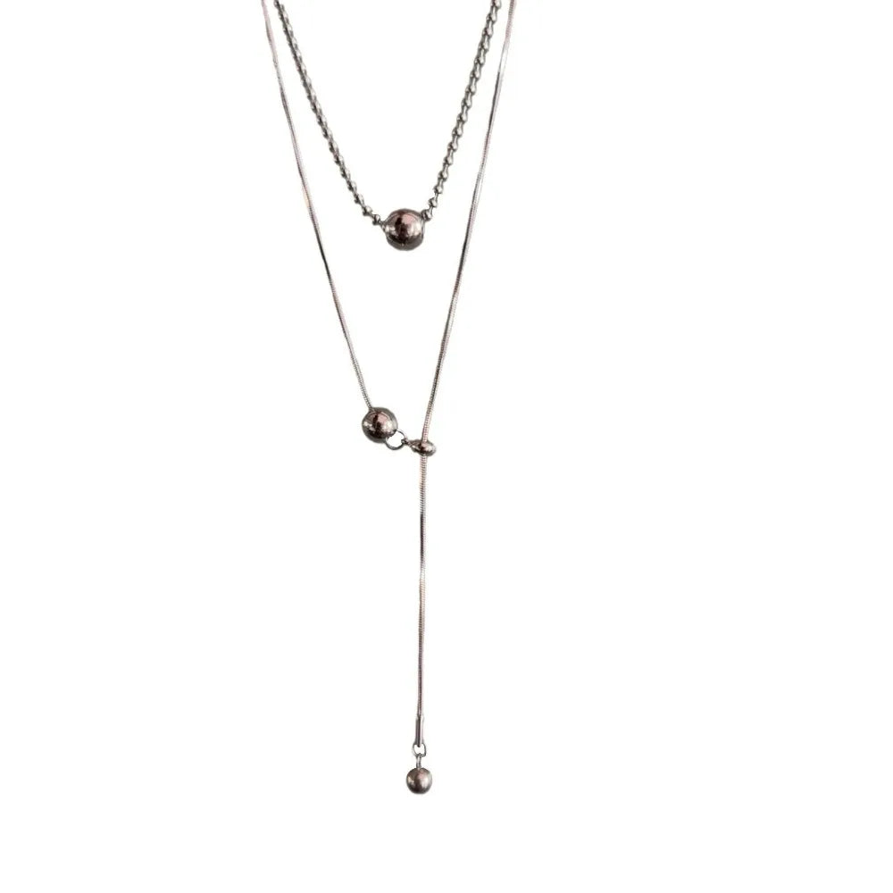 Silver Beaded Ball Pendant Necklace – Women’s Stainless Steel Layered Choker