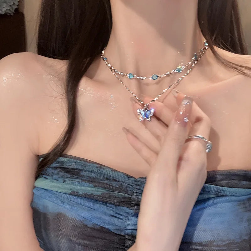 Romantic Blue Crystal Butterfly Necklace – Women’s Zircon Choker Jewelry