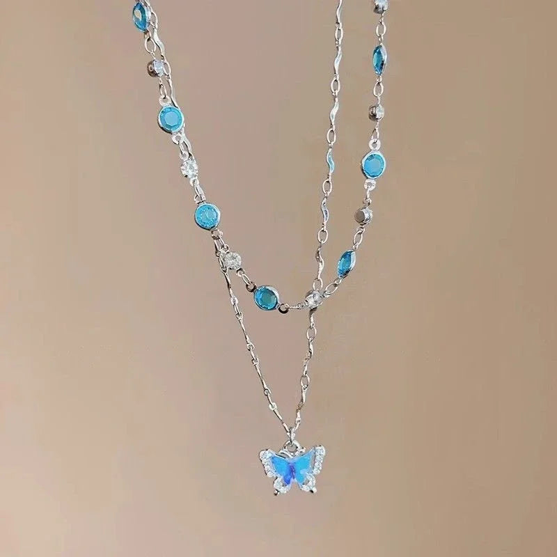 Romantic Blue Crystal Butterfly Necklace – Women’s Zircon Choker Jewelry