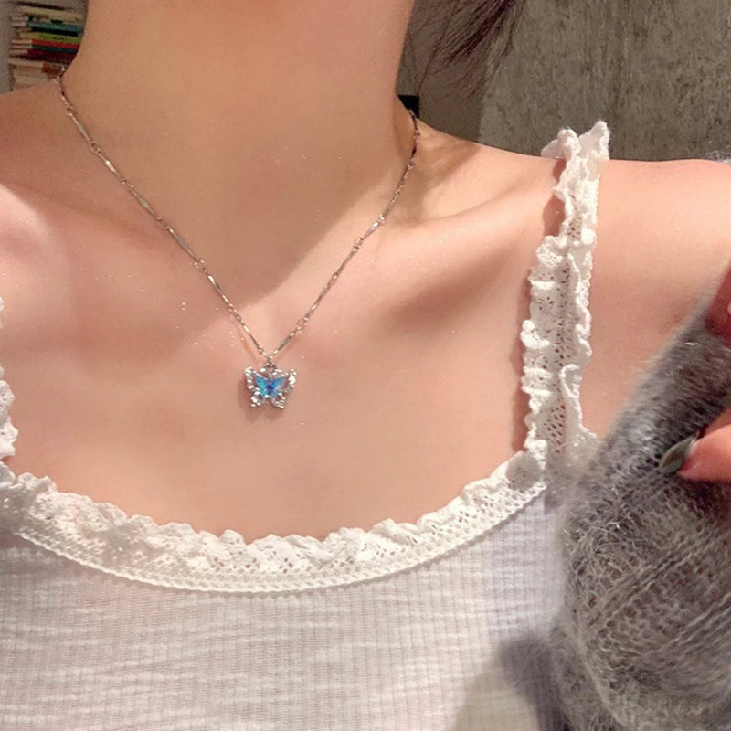 Romantic Blue Crystal Butterfly Necklace – Women’s Zircon Choker Jewelry