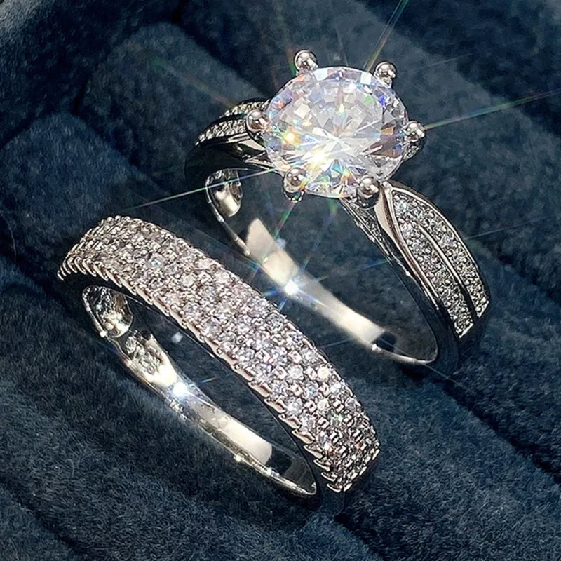 Women’s Silver Ring Set – Classic Round White Stone Wedding Jewelry
