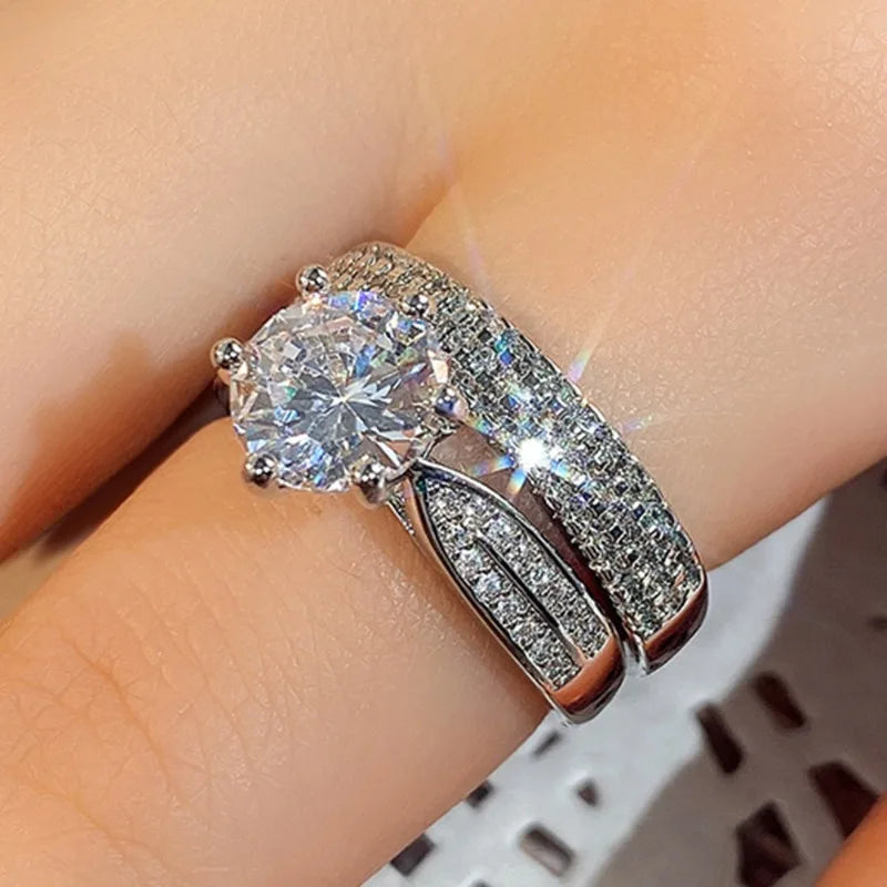 Women’s Silver Ring Set – Classic Round White Stone Wedding Jewelry
