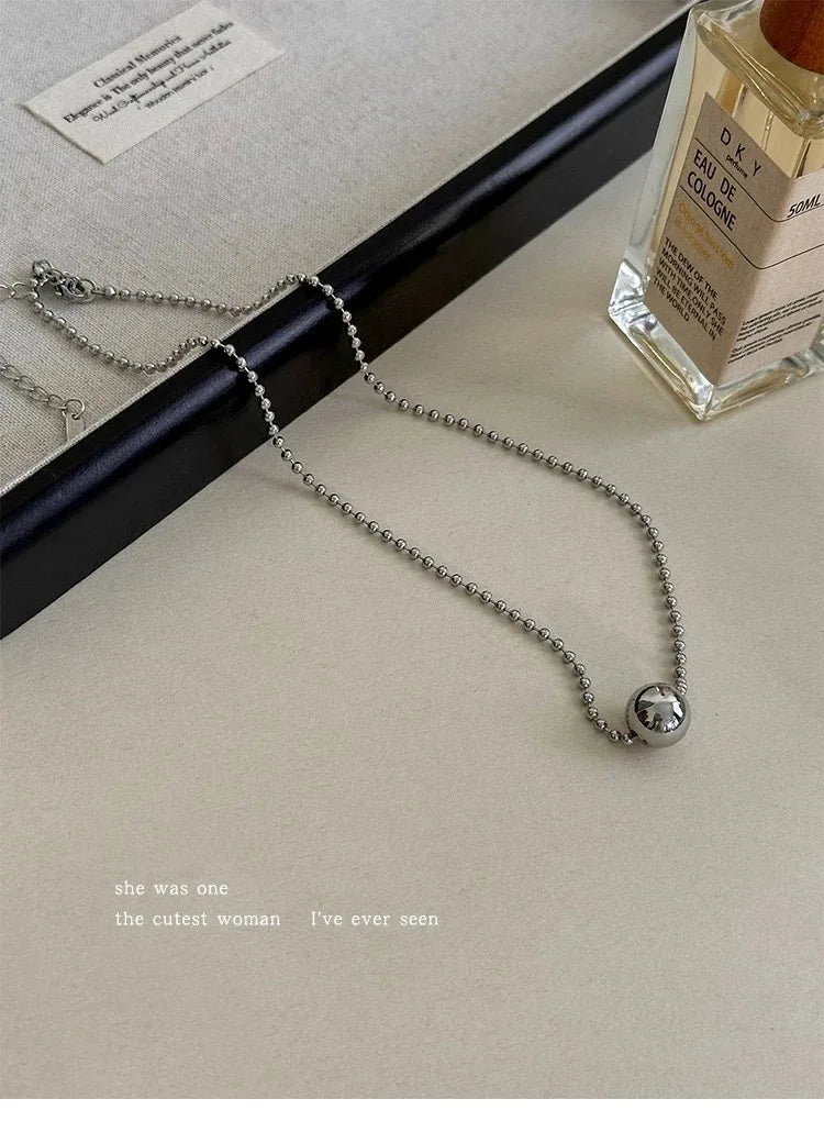 Silver Beaded Ball Pendant Necklace – Women’s Stainless Steel Layered Choker