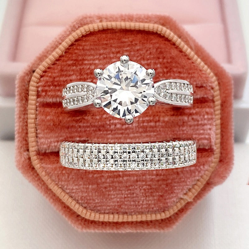 Women’s Silver Ring Set – Classic Round White Stone Wedding Jewelry