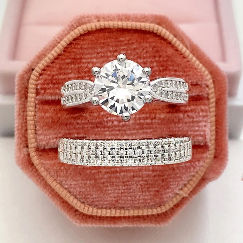 Women’s Silver Ring Set – Classic Round White Stone Wedding Jewelry