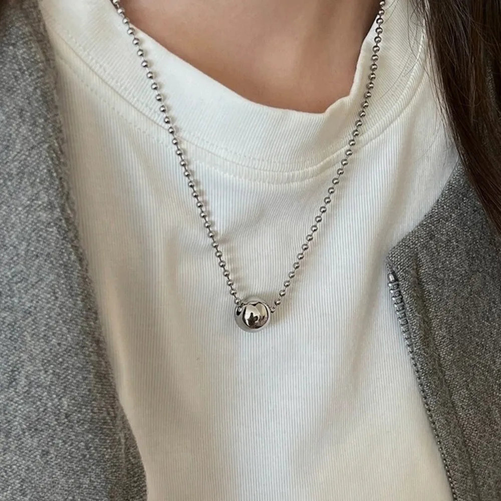 Silver Beaded Ball Pendant Necklace – Women’s Stainless Steel Layered Choker