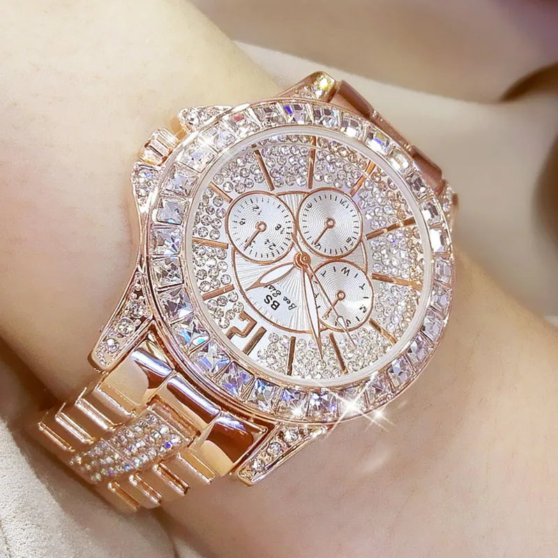 Luxury Rose Gold Women’s Watch – Diamond Quartz Crystal Wristwatch