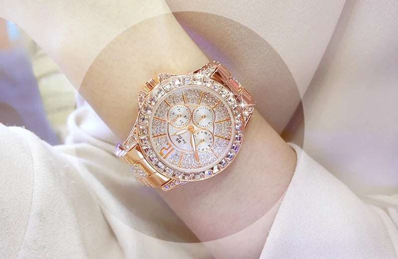 Luxury Rose Gold Women’s Watch – Diamond Quartz Crystal Wristwatch