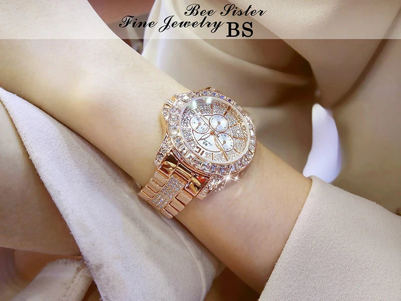 Luxury Rose Gold Women’s Watch – Diamond Quartz Crystal Wristwatch