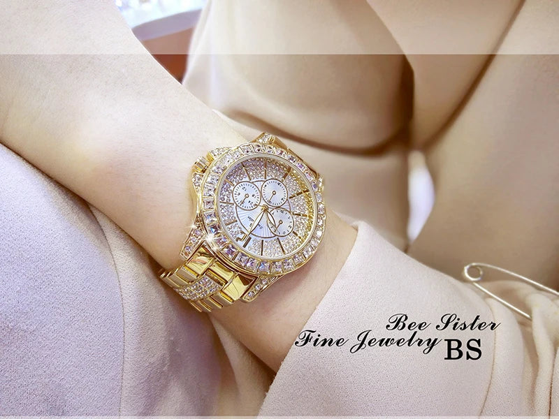 Luxury Rose Gold Women’s Watch – Diamond Quartz Crystal Wristwatch