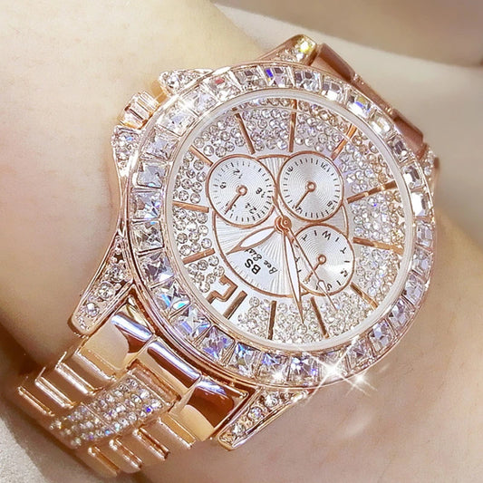Luxury Rose Gold Women’s Watch – Diamond Quartz Crystal Wristwatch