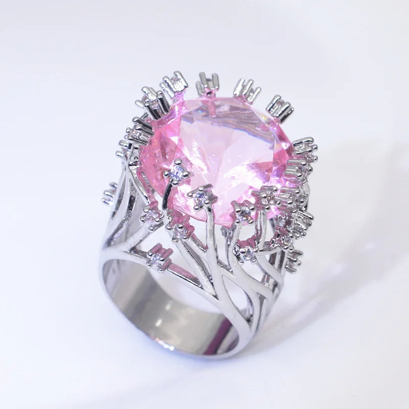 925 Sterling Silver Pink Crystal Zircon Ring – Women’s Wedding Jewelry