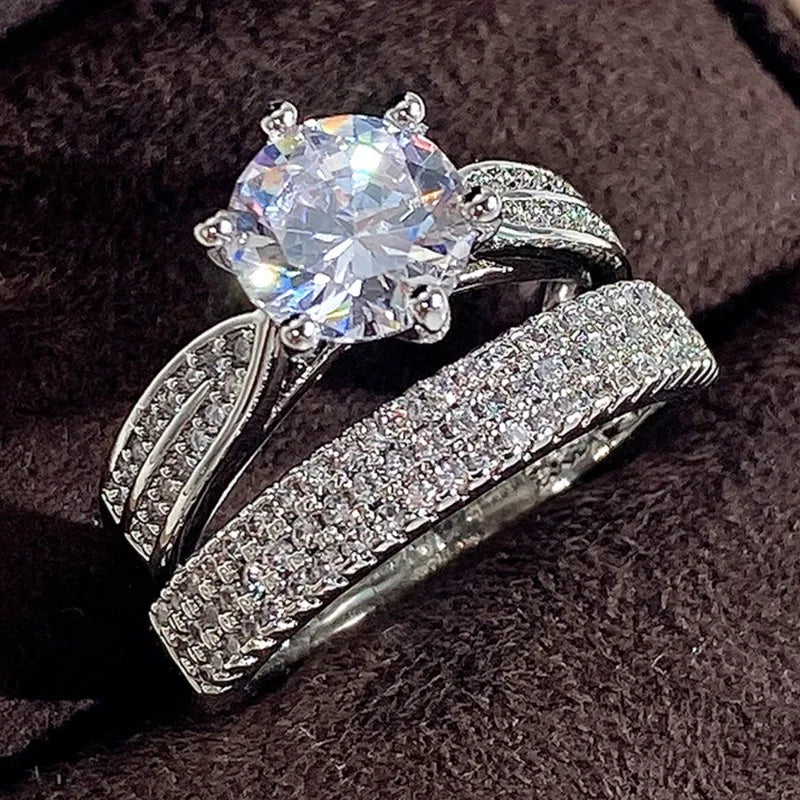 Women’s Silver Ring Set – Classic Round White Stone Wedding Jewelry