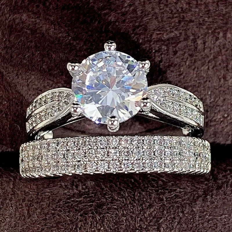 Women’s Silver Ring Set – Classic Round White Stone Wedding Jewelry