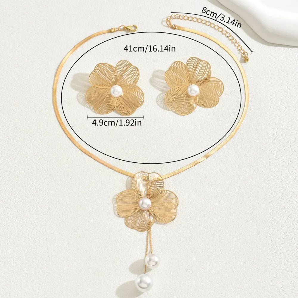 2pcs Gold Pearl Jewelry Set – Luxury Flower Necklace & Earrings