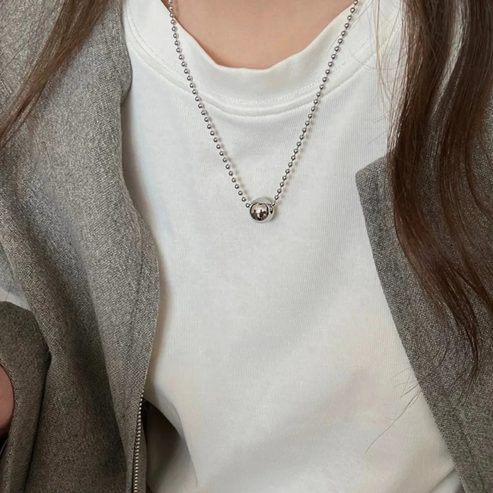Silver Beaded Ball Pendant Necklace – Women’s Stainless Steel Layered Choker