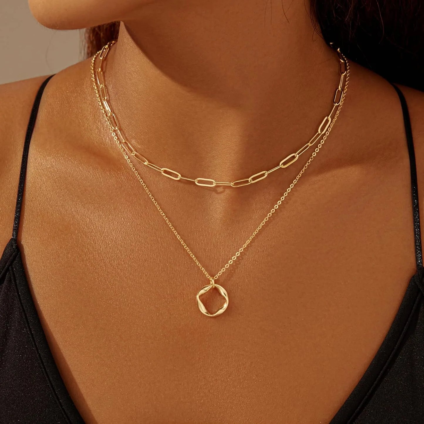 Layered Gold Necklace Set – Women’s 14K Plated Paperclip Chain Jewelry