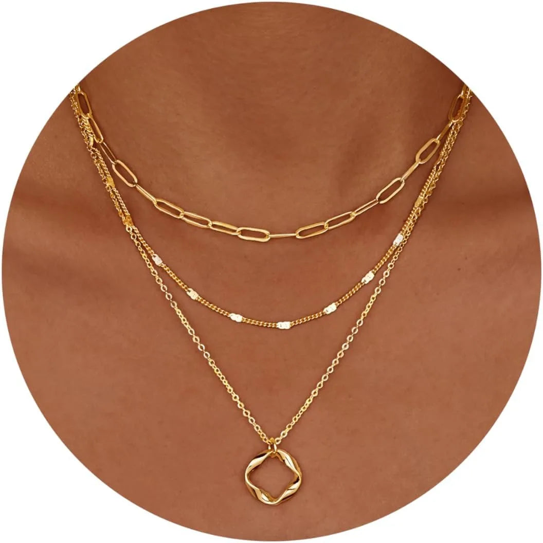 Layered Gold Necklace Set – Women’s 14K Plated Paperclip Chain Jewelry