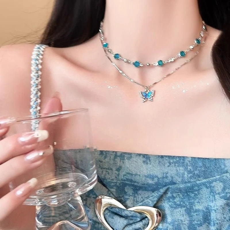 Romantic Blue Crystal Butterfly Necklace – Women’s Zircon Choker Jewelry
