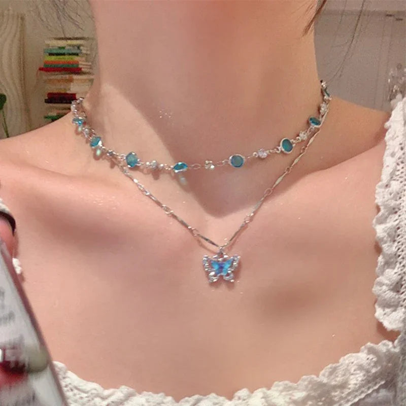 Romantic Blue Crystal Butterfly Necklace – Women’s Zircon Choker Jewelry